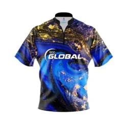 900 Global Blue Gold Liquid Marble Quick Ship CoolWick Sash Zip Bowling Jersey