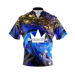 Brunswick Blue Gold Liquid Marble Quick Ship CoolWick Sash Zip Bowling Jersey
