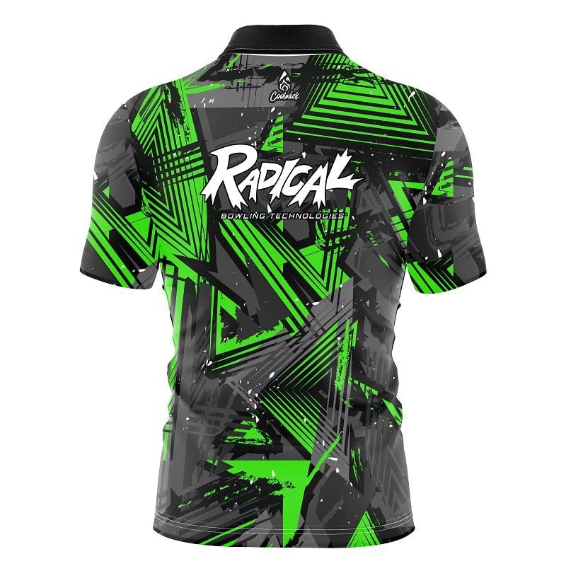 Radical Green Triangles Quick Ship CoolWick Sash Zip Bowling Jersey 4 Radical Green Triangles Quick Ship CoolWick Sash Zip Bowling Jersey - Image 2