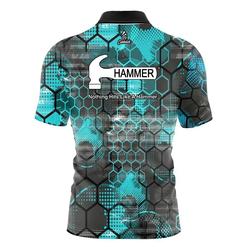 Hammer Teal Honeycomb Quick Ship CoolWick Sash Zip Bowling Jersey 4 Hammer Teal Honeycomb Quick Ship CoolWick Sash Zip Bowling Jersey - Image 2
