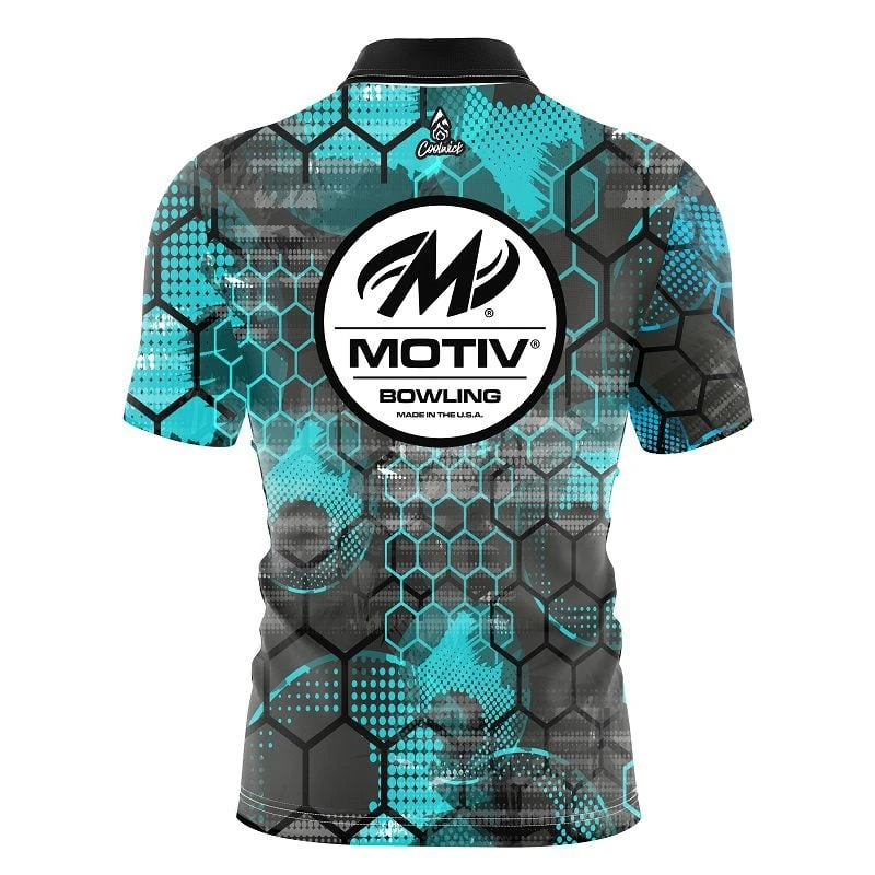 Motiv Teal Honeycomb Quick Ship CoolWick Sash Zip Bowling Jersey 4 Motiv Teal Honeycomb Quick Ship CoolWick Sash Zip Bowling Jersey - Image 2
