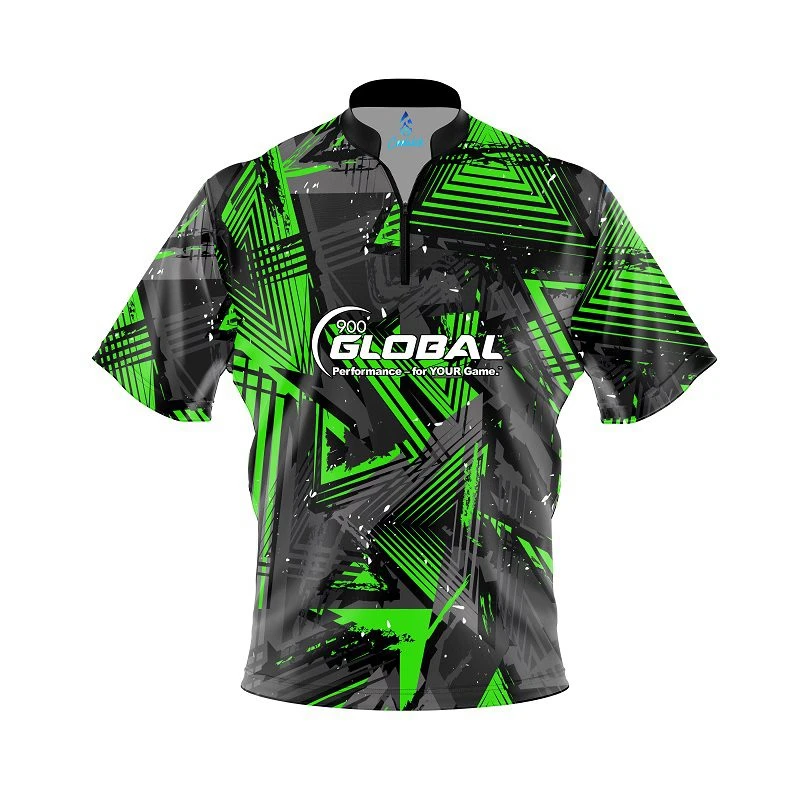 900 Global Green Triangles Quick Ship CoolWick Sash Zip Bowling Jersey 3 900 Global Green Triangles Quick Ship CoolWick Sash Zip Bowling Jersey