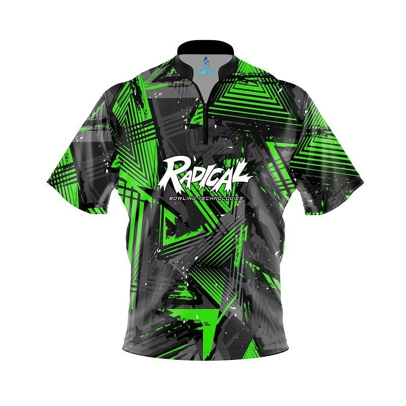 Radical Green Triangles Quick Ship CoolWick Sash Zip Bowling Jersey 3 Radical Green Triangles Quick Ship CoolWick Sash Zip Bowling Jersey