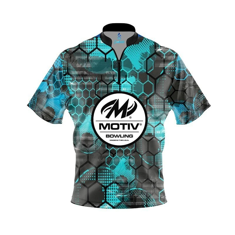 Motiv Teal Honeycomb Quick Ship CoolWick Sash Zip Bowling Jersey 3 Motiv Teal Honeycomb Quick Ship CoolWick Sash Zip Bowling Jersey
