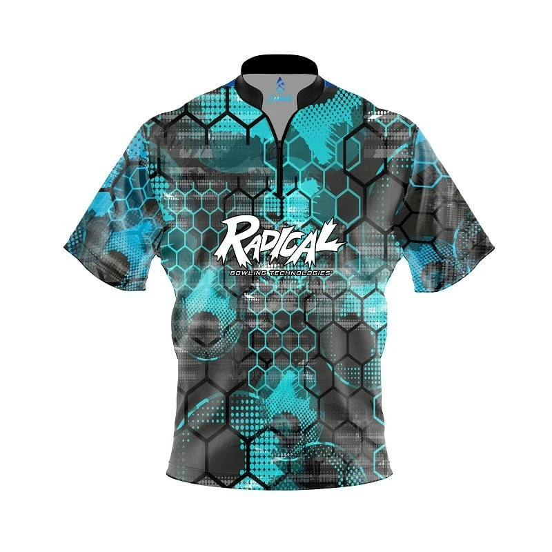 Radical Teal Honeycomb Quick Ship CoolWick Sash Zip Bowling Jersey 3 Radical Teal Honeycomb Quick Ship CoolWick Sash Zip Bowling Jersey